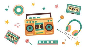 Vintage music set in retro style. Music objects isolated on white. Vector flat hand drawn illustration.