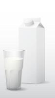 A glass of milk with milk package isolated on white background. Dairy product concept vector illustration vertical shape have blank space.