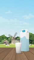 A glass of milk with milk package on wooden table have old farm windmill and livestock background. Dairy product concept vector illustration vertical shape have blank space.