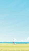 Man with his dog at seashore in summer vector illustration vertical shape. Seascape and blue sky flat design background.