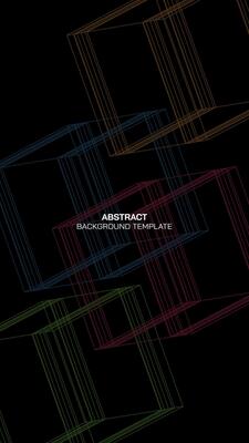 Abstract 1970's style vivid colors 3D square box outline on black background vertical shape.