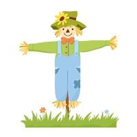 Smiling cute scarecrow character in cartoon style. Vector funny illustration isolated on white