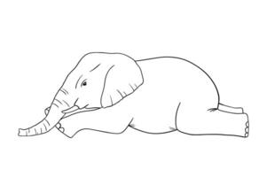 Cute lying elephant line sketch isolated on white background. Vector engraving illustration. Doodle african animal