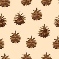 Seamless pattern with various pinecones isolated on beige background. Vector repeat background with pine cones