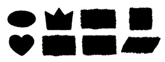Black rectangle form, crown and heart with jagged edges. Ripped rectangular square grunge shape silhouettes set. Textured vector element collection