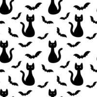 Seamless pattern for Halloween party with black cat and bat. Vector monochrome endless pattern on white. Cat silhouette