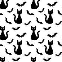 Seamless pattern for Halloween party with black cat and bat. Vector monochrome endless pattern on white. Cat silhouette