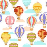 Seamless bright pattern with Hot Air Balloon and clouds on white. Vector colorful endless background