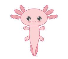 Vector flat cartoon illustration of cute stylized axolotl salamander isolated on white background. Baby axolotl smiling.