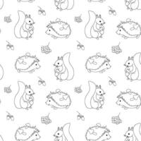 Hand drawn vector monochrome seamless pattern with hedgehog, squirrel and berries. Outline fall baby backdrop.