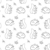 Hand drawn vector monochrome seamless pattern with hedgehog, squirrel and berries. Outline fall baby backdrop.