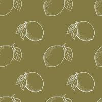 Hand drawn vector monochrome seamless pattern with etching white lemon in sketch style. Vector repeat backdrop olive color