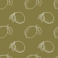 Hand drawn vector monochrome seamless pattern with etching white lemon in sketch style. Vector repeat backdrop olive color