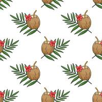 Seamless pattern with coconut cocktail with straw, flower and palm leaf isolated on white background. Tropical drink in half of coconut vector cartoon design.