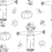 Hand drawn vector monochrome seamless pattern with pumpkin, acorn and scarecrow. Outline fall backdrop.