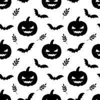 Seamless pattern for Halloween party with black pumpkin and bat. Vector monochrome endless pattern on white. Pumpkin silhouette