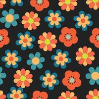 Groovy floral pattern in the style of the 70s and 80s with daisy flowers on dark background vector