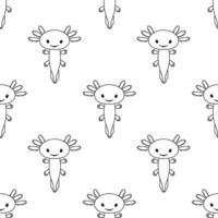 Seamless childish pattern. Vector line cartoon illustration of cute stylized axolotl salamander isolated on white background. Baby axolotl smiling.