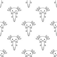 Seamless childish pattern. Vector line cartoon illustration of cute stylized axolotl salamander isolated on white background. Baby axolotl smiling.