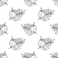 Seamless pattern with coconut cocktail with straw, flower and palm leaf isolated on white background. Tropical drink in half of coconut vector line design.