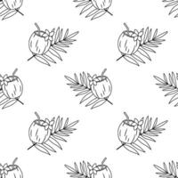 Seamless pattern with coconut cocktail with straw, flower and palm leaf isolated on white background. Tropical drink in half of coconut vector line design.