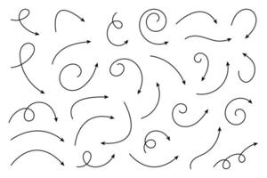 Collection of thin line arrows. Set simple curved hand drawn arrows. Collection of pointers. vector