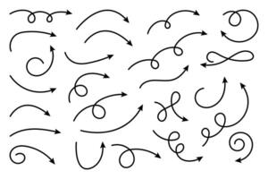 Collection of thin line arrows. Set simple curved hand drawn arrows. Collection of pointers. vector