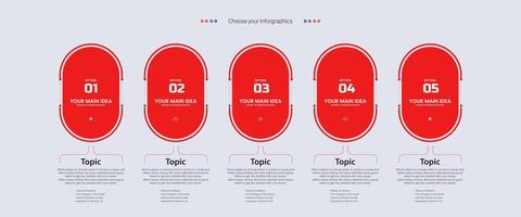 Five red Options of infographic templates design. 5 elements of modern red infographics style, business and finance process, infographic process steps vector, illustration vector