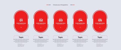 Five red Options of infographic templates design. 5 elements of modern red infographics style, business and finance process, infographic process steps vector, illustration vector