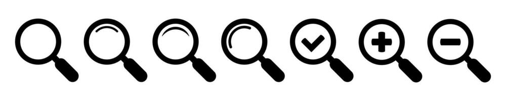 Magnifying glass simple icon collection. Search icon set, zoom in and zoom out icons. Magnifier or loupe with check mark sign. Vector illustration.