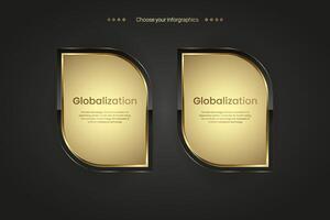 Set of two premium buttons infographic. Two golden icon on dark gradient background, a Gold luxury icons, two golden name plate. Vector illustration