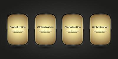 FOUR Black Luxury buttons infographic vector design. Four gold and black icons on isolated dark gradient background