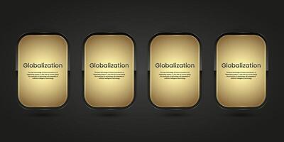 FOUR Black Luxury buttons infographic vector design. Four gold and black icons on isolated dark gradient background