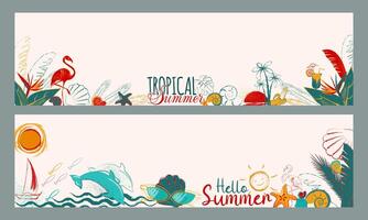 playa complejo. diseño folletos con mano dibujado verano elementos vector