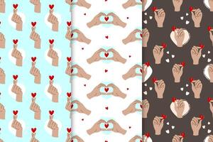 A set of seamless patterns with a gesture of hands denoting love, care. vector