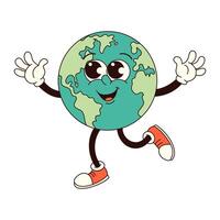 Happy Earth groovy character in trendy retro groovy style. Earth Day. Vector illustration for card, poster, banner, web