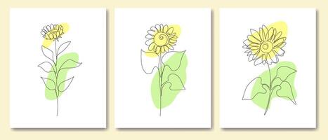 One line Sunflowers posters set. Modern art. Minimalism style. Vector illustration.