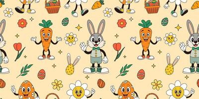 seamless pattern with Easter groovy bunny, egg, carrot vector