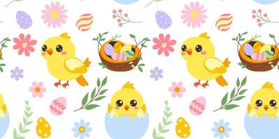 easter eggs and chickens seamless pattern vector
