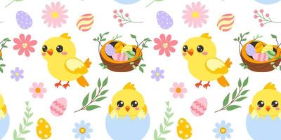 easter eggs and chickens seamless pattern vector