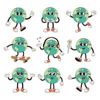 Groovy Earth characters set in retro cartoon style vector