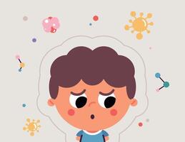 Cute child and boy character immune protection system flat vector illustration isolated on background.