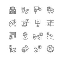 Set of parking related icons, parking garage, parking spaces, car park, paid, underground parking garage and linear variety vectors. vector