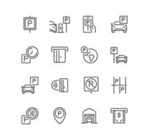Set of parking related icons, parking garage, parking spaces, car park, paid, underground parking garage and linear variety vectors. vector