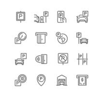 Set of parking related icons, parking garage, parking spaces, car park, paid, underground parking garage and linear variety vectors. vector