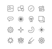 Set of creativity related icons, innovation, team management, geometric shapes, quick tips, inspiration, teamwork and linear variety vectors. vector