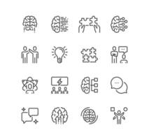 Set of brainstorming related icons, creativity, novel idea, brain, success, teammate and linear variety vectors. vector