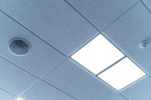 Security and fire alarm on the ceiling in administrative building. Square lamps built inside the ceiling. photo