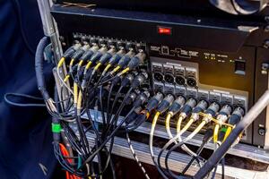 Portable PA Systems. Cables plugged in the inputs of mixing console of a sound engineer. Closeup. photo