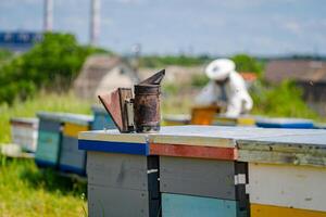 Closeup of bee smoker at colorful hive. Bbeekeeper at the blurred background. Apiary concept. photo